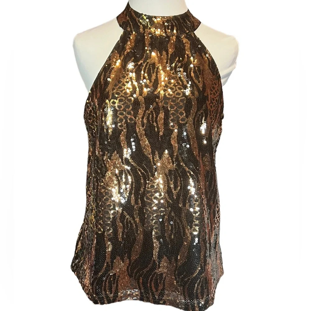 Cable & Gauge Black & Copper Tiger Striped Sequin Halter Top - Picture 2 of 8